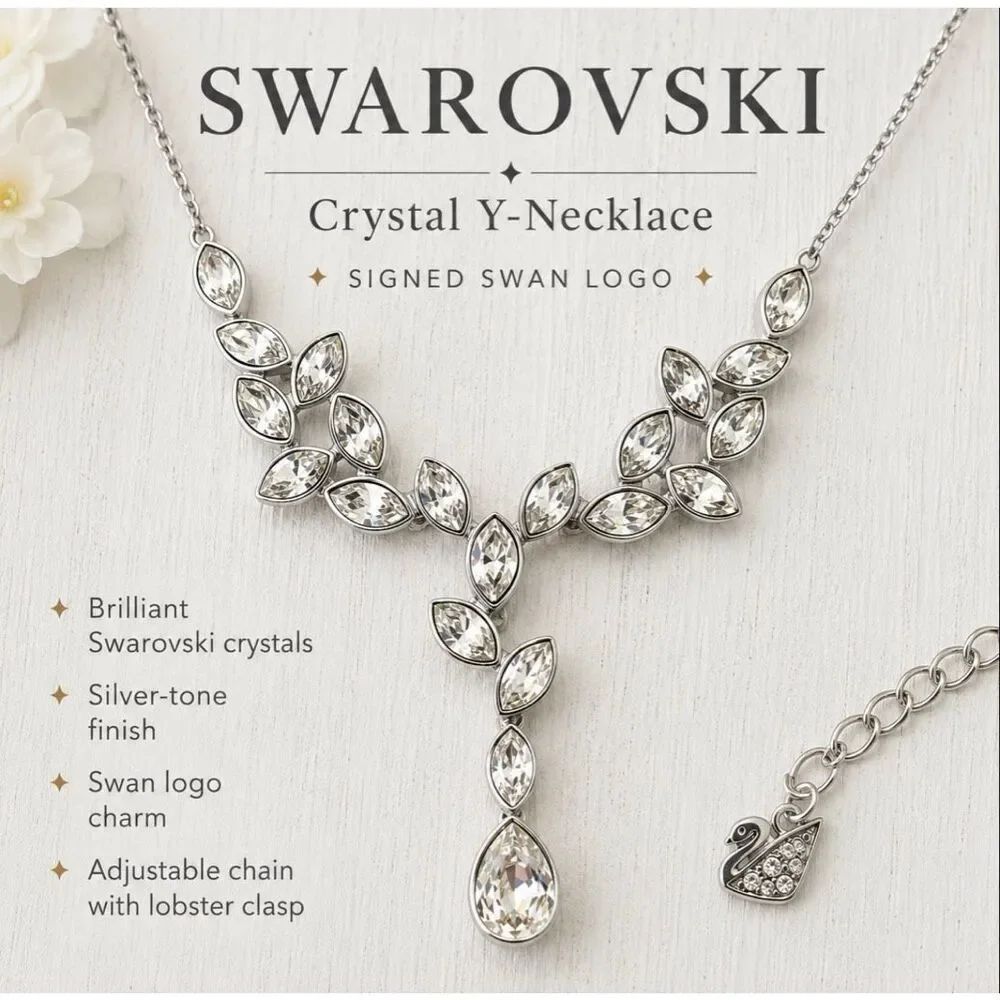 Swarovski Crystal Y-Necklace Silver Tone Swan Logo Necklace